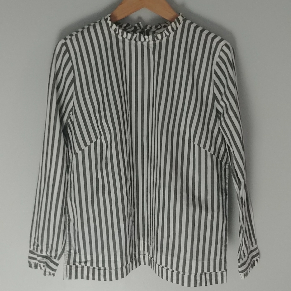 H & M Striped Ruffled Neck And Ruffled Sleeves High Low Top